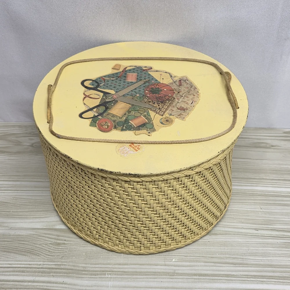 Vintage Soft Yellow Wicker Sewing Basket
